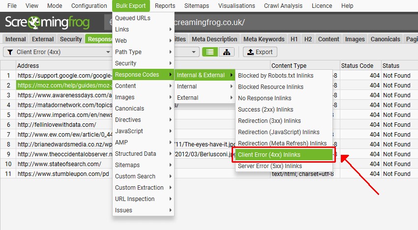 Bulk Export Screaming Frog